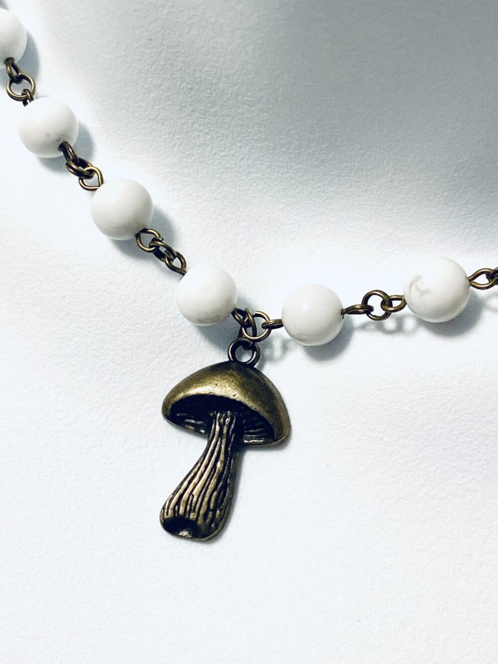 Genuine White Magnesite Short Necklace, Natural Gemstone & Bronze Slim Mushroom